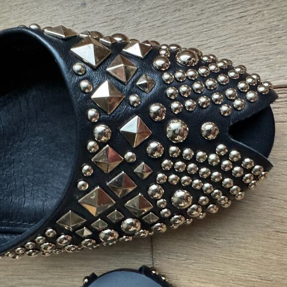 Cecelia New York Birdie Heels Sz 8.5 Black Gold Studded Peep-Toe Ankle Strap - Picture 2 of 13